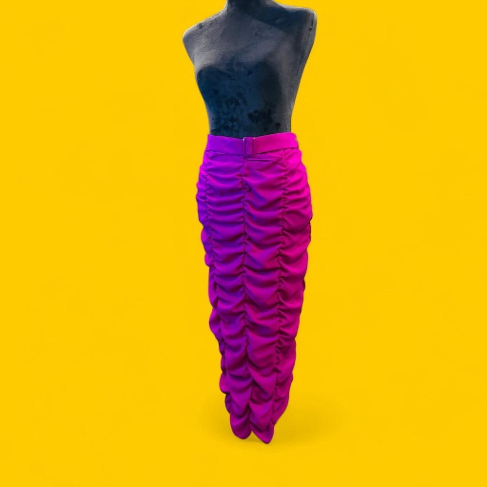 HYFVE Fuchsia Ruched Midi Skirt L Maximalist Belted Magenta Statement Evening